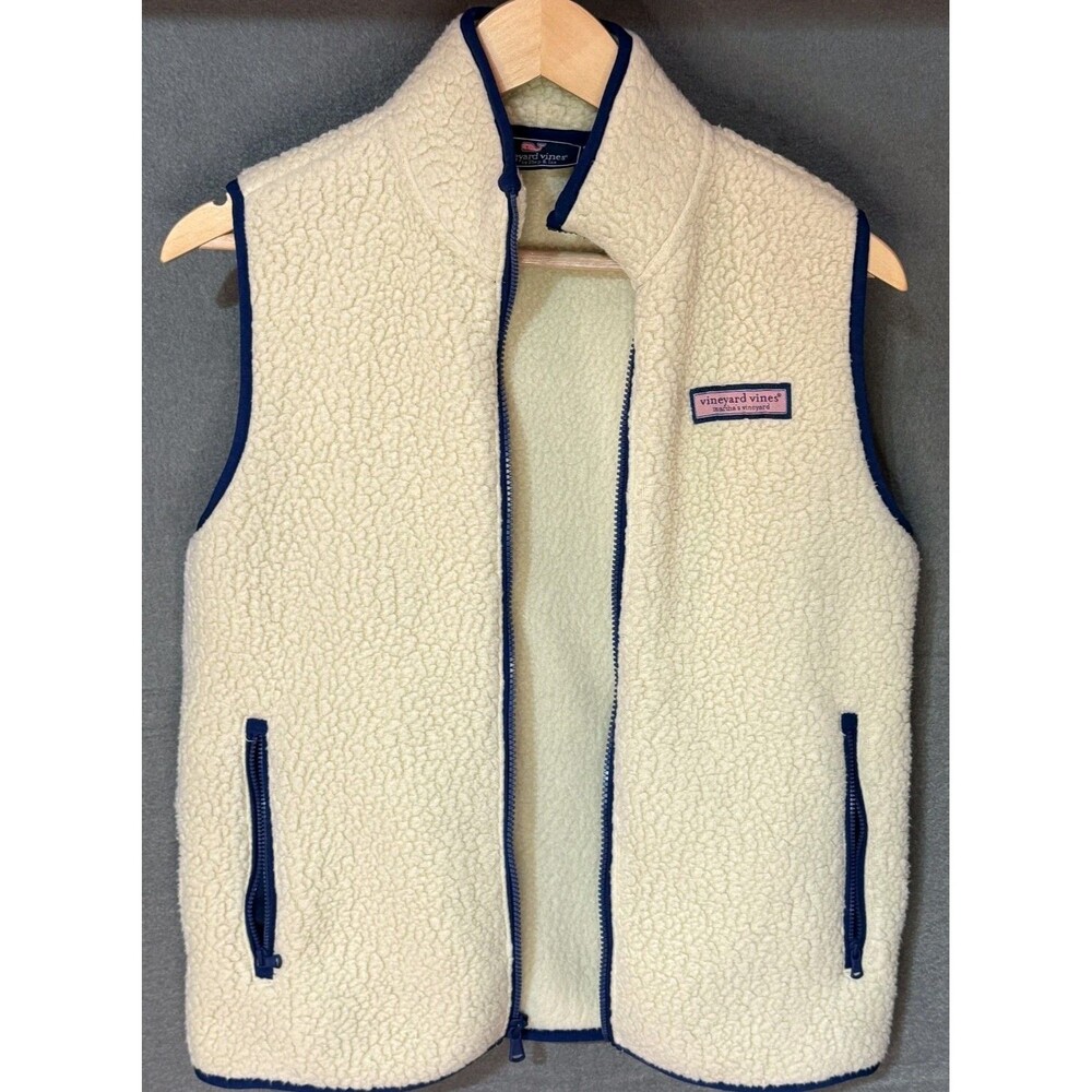 Vineyard Vines Fleece Sherpa Vest Tan/Beige Blue Trim Pockets - Kid's Large (16)